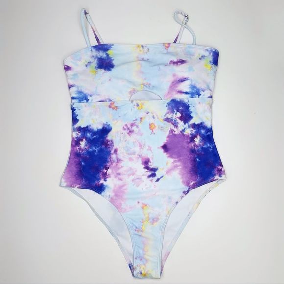 SOLD NWOT Shein Tie Dye Keyhole One Piece Swimsuit Blue Purple Size Large - Picture 4 of 14